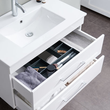 32-Inch White Gloss Wall-Mounted Bathroom Vanity with Double Drawers, Soft-Close System,Ceramic Sink, Create a Modern and Minimalist Bathroom Space!
