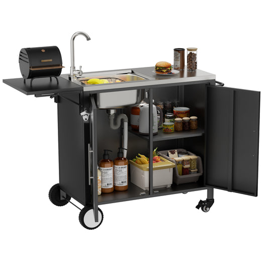 Outdoor Grill Table with Sink, Metal Worktable Kitchen Cabinet Island with Foldable Top and Storage Cabinet, Rolling Grill Cart with Wheels