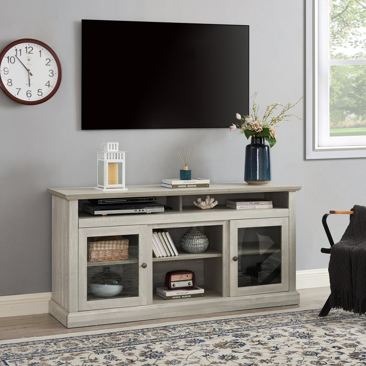Contemporary TV Media Stand Modern Entertainment Console for TV Up to 65" with Open and Closed Storage Space, Stone Gray