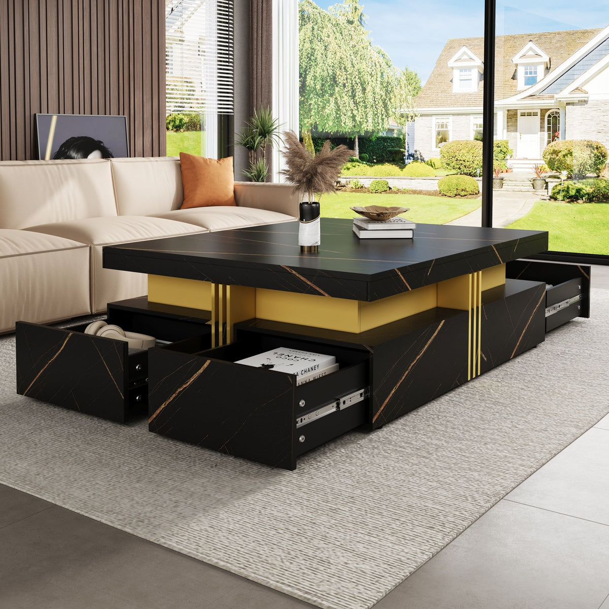 Modern Black Square Storage Coffee Table With 4 Drawers