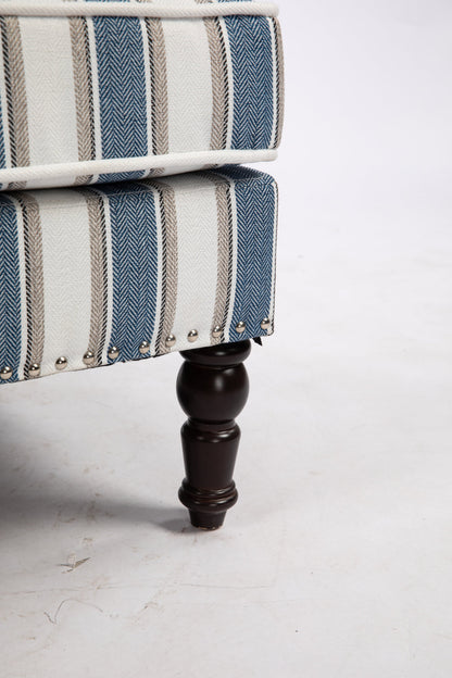 Upholstered Accent Chair, Vintage Armchair with Solid Wood Legs, Blue and White Striped Linen Fabric and Nailhead Trim for Living Room