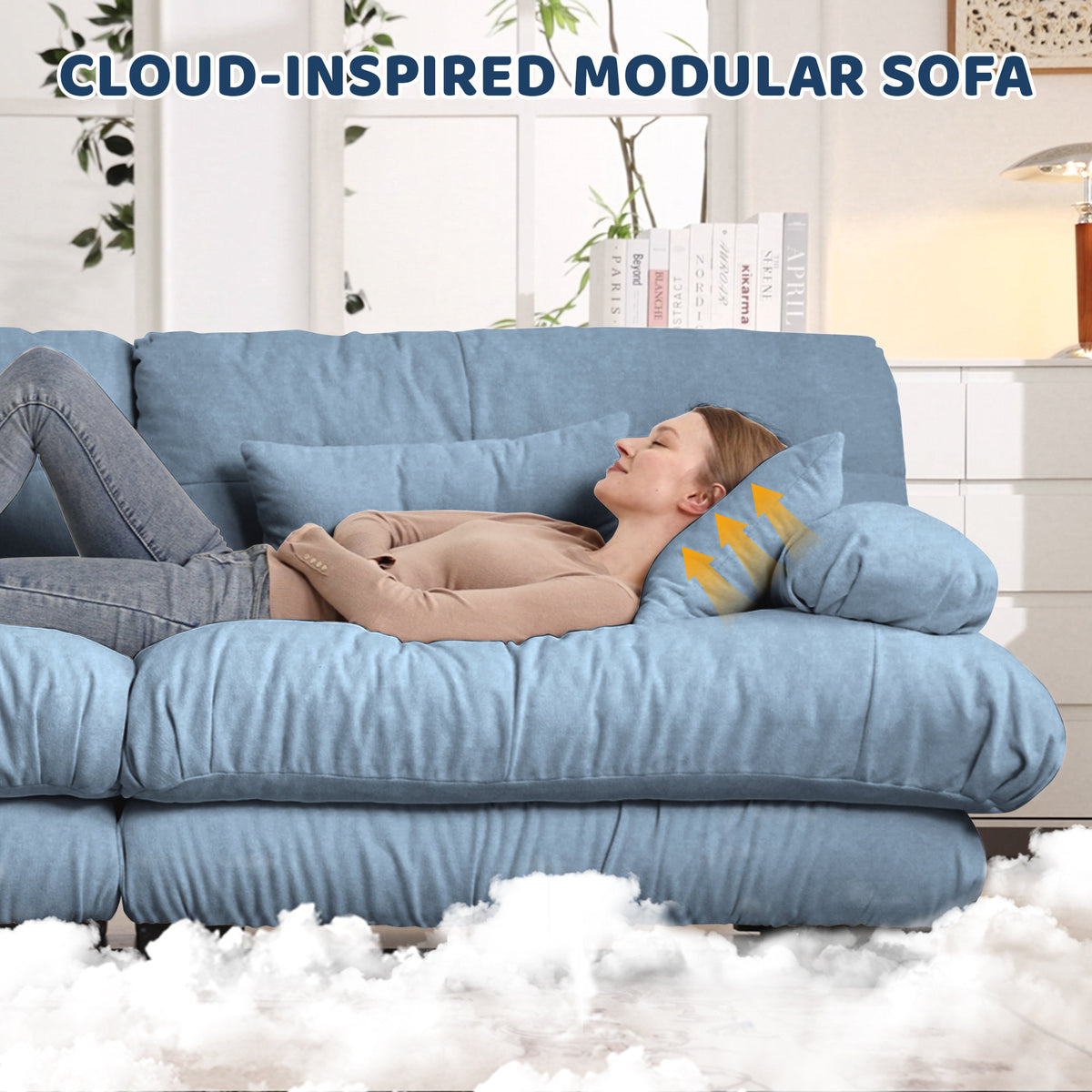 Cloud Couch 2 Seater Sofa, Chenille 2 - Seat sofa with 2 Lumbar pillows and 2 throw pillows, Chenille Blue