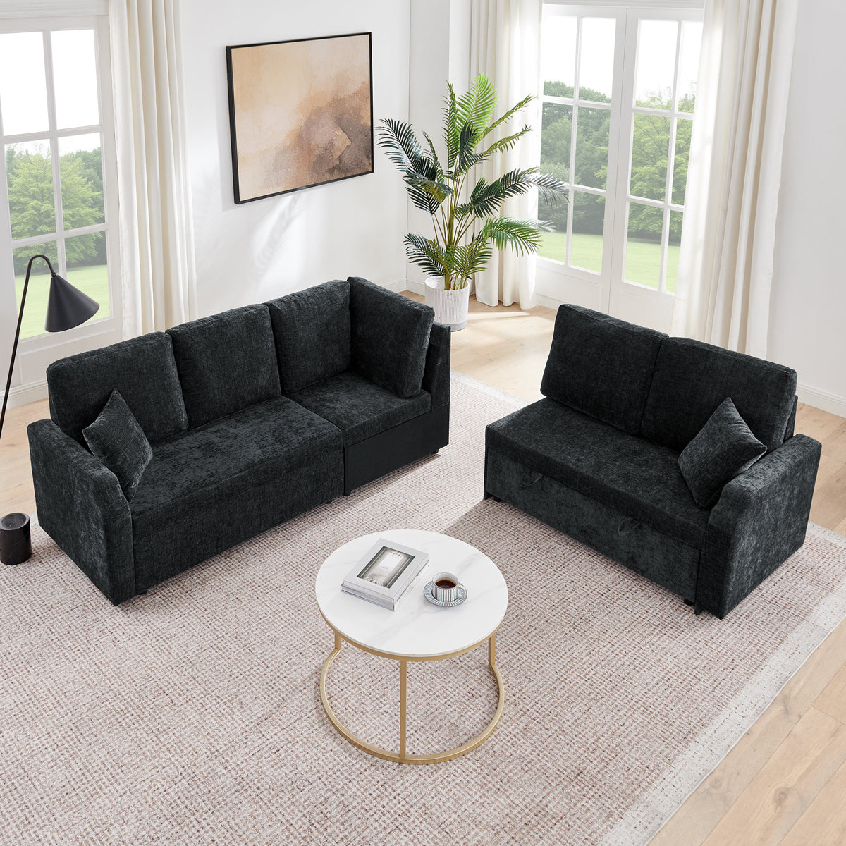 81.2'' Modular Sectional Sofa with Pull Out Bed, 5-Seater L Shaped Sectional Sleeper Couch with Hidden Storage, Chenille Convertible Couches for Living Room, Apartment (Black)