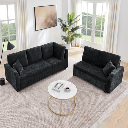 81.2'' Modular Sectional Sofa with Pull Out Bed, 5-Seater L Shaped Sectional Sleeper Couch with Hidden Storage, Chenille Convertible Couches for Living Room, Apartment (Black)
