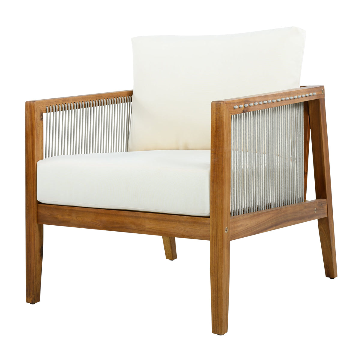 Outdoor Club Chair (Set of 1), Acacia Wood Frame with Rope Back, Water-Repellent Beige Cushions for Patio/Backyard/Deck, Teak Finish