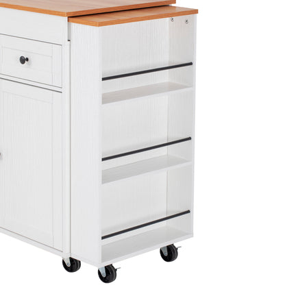 K&K 85.5" Kitchen Island with Extendable Dining Table, Kitchen Storage Table with 3 Side Open Shelves – White