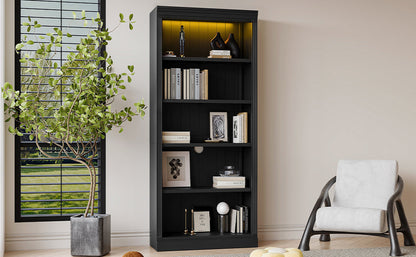 83.4' Tall Wood Bookcase with light strip,5-Tier Decor Bookshelves with Adjustable Shelves,Storage Organizer for CDs/Books/Movies,Free Standing Storage Shelves for Living Room,Home Office,Black