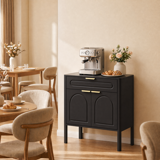 Modern Black Arched Accent Storage Cabinet, Freestanding Sideboard Buffet with Drawer & Curved Gold Metal Handles, Smooth Rounded Edge Console Cabinet for Entryway, Living Room, Kitchen & Dining Room