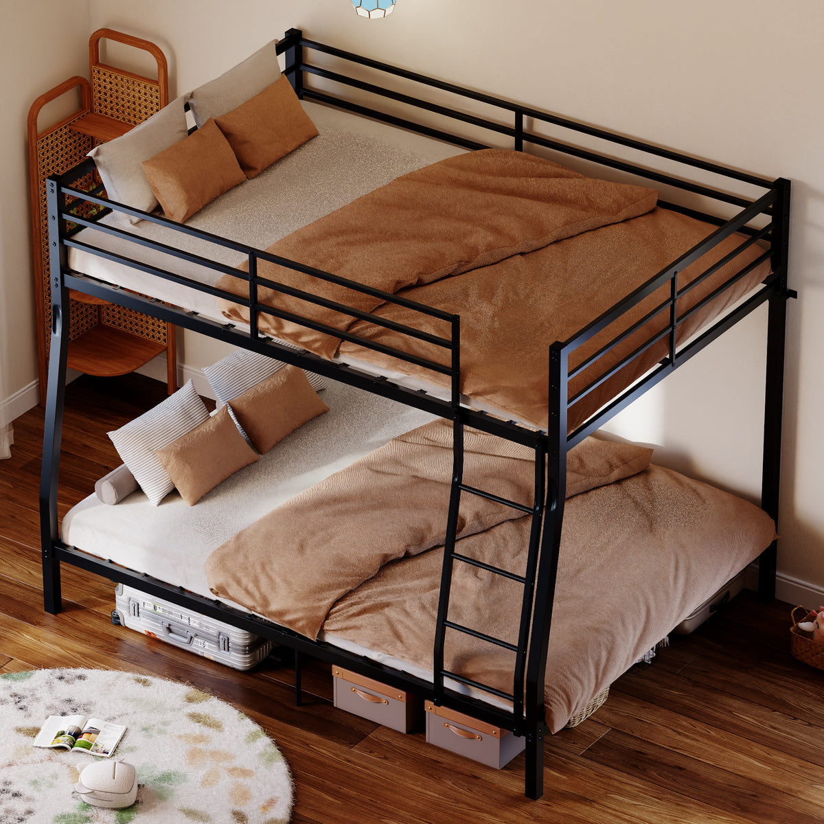 Metal Bunk Bed, Heavy Duty Full Over Queen Bunk Beds with 5 Extra Support Legs, 990 lbs Capacity, Noise-Free & Anti-Tip Design, 13.3" Safety Guardrail, Space-Saving Bed for Kids, Teens & Adults, Black