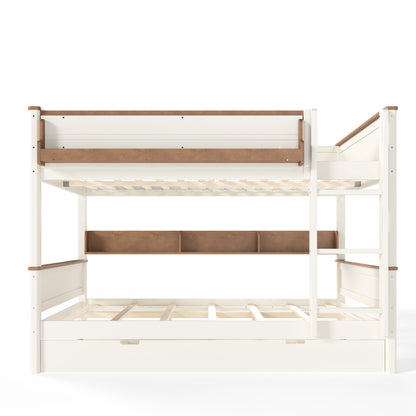 Queen over Queen Wood Bunk Bed with Pull-out Trundle Bed, Side Storage Shelf, Detachable Bunk Bed Frame, Convertible Into 2 Separate Beds for Kids Teens Adults, Beige&Natural
