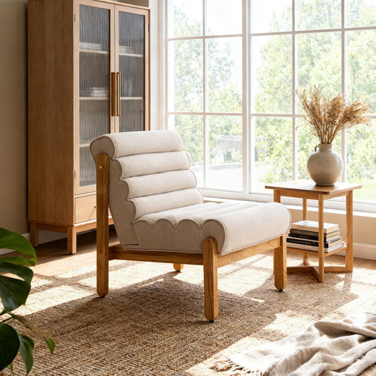 Fluffy Accent Chair Dark Beige with Natural Solid Wood Frame