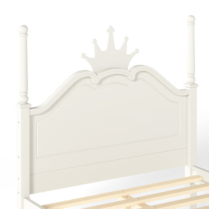 Full Size Crown Shaped Platform Bed, Four Poster Stylish Wooden Bed Frame, Elegant Curved Headboard Bed Frame For Bedroom,Beige