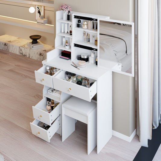 29.2" Small Space Left Drawer Desktop Vanity Table + Cushioned Stool, Extra Large Right sliding mirror, Multi Layer High Capacity Storage – Model W3258P299609