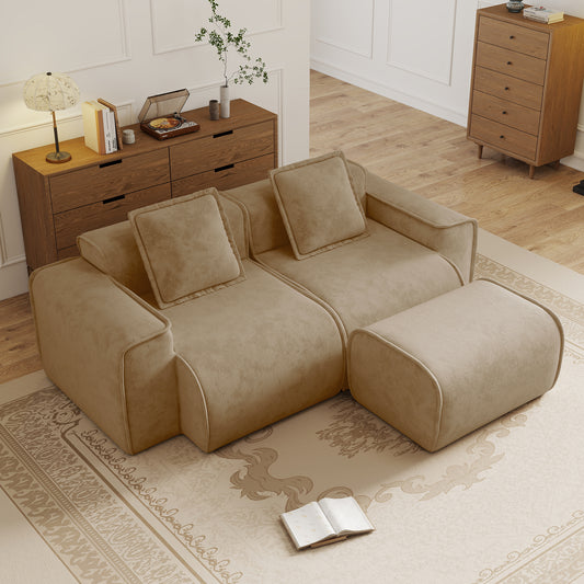 Streamlined Design Modular 2 Seat L Shape Sectional Boneless Sofa with French Edge Piping, No Assembly Required, 2-Seat Sofa Couch with Throw Pillows and 1 Movable Ottoman, Velvet Fabric Brown