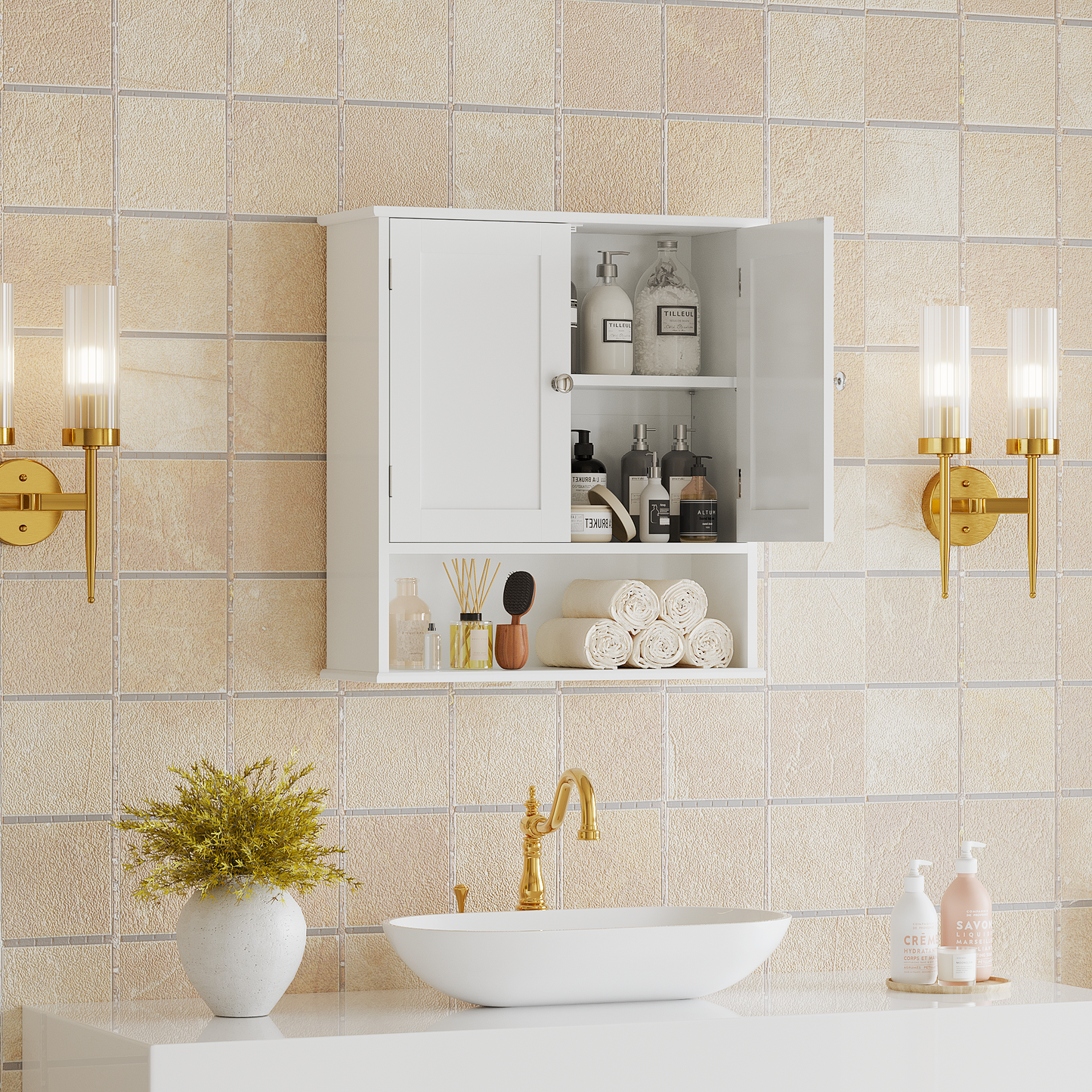 Bathroom Wall Cabinet with Door, Over Toilet Storage Cabinet with and Adjustable Shelves, 3-Tier Medicine Cabinet Wall Mounted, for Bathroom, Kitchen, Entryway, Laundry Room, White