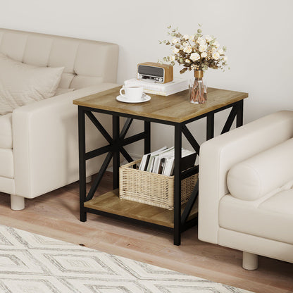 24" End Table with Storage, 2-Tier Side Table with Open Shelves for Living Room, Bedroom Nightstand, Farmhouse Accent Table, Grey Wash