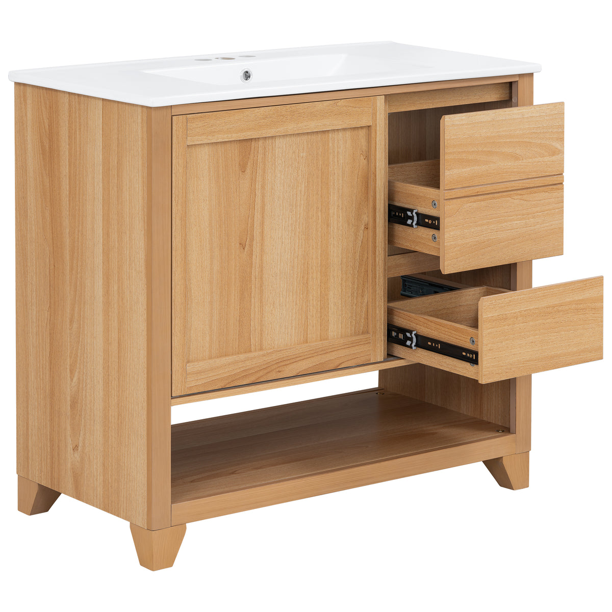 [Video] 36" Bathroom Vanity with Ceramic Sink, Bathroom Cabinet with Drawers, Solid Wood Legs, Soft-close Slides, Single Package, Natural