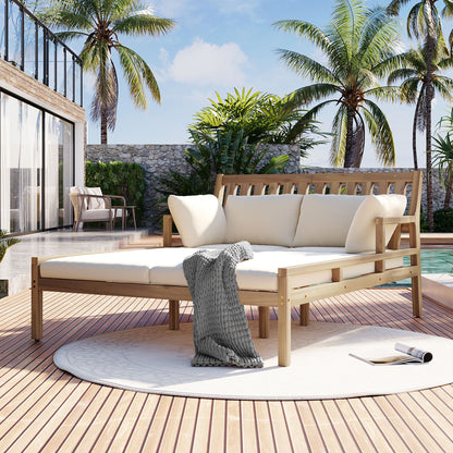 TREXM Outdoor Daybed, Patio Daybed with Four Pillows, Wooden Outdoor Bed with Curved Armrests for Poolside, Backyard, Garden (Light Teak+Beige Cushion)