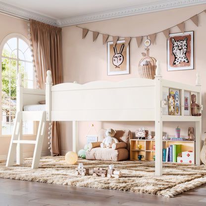 Twin Size Loft Bed with Full-Length Guardrails, Solid Wood Low Loft Bed with Ladders and Beside Book Shelf, Chic Shape and Low Profile Design, Beige