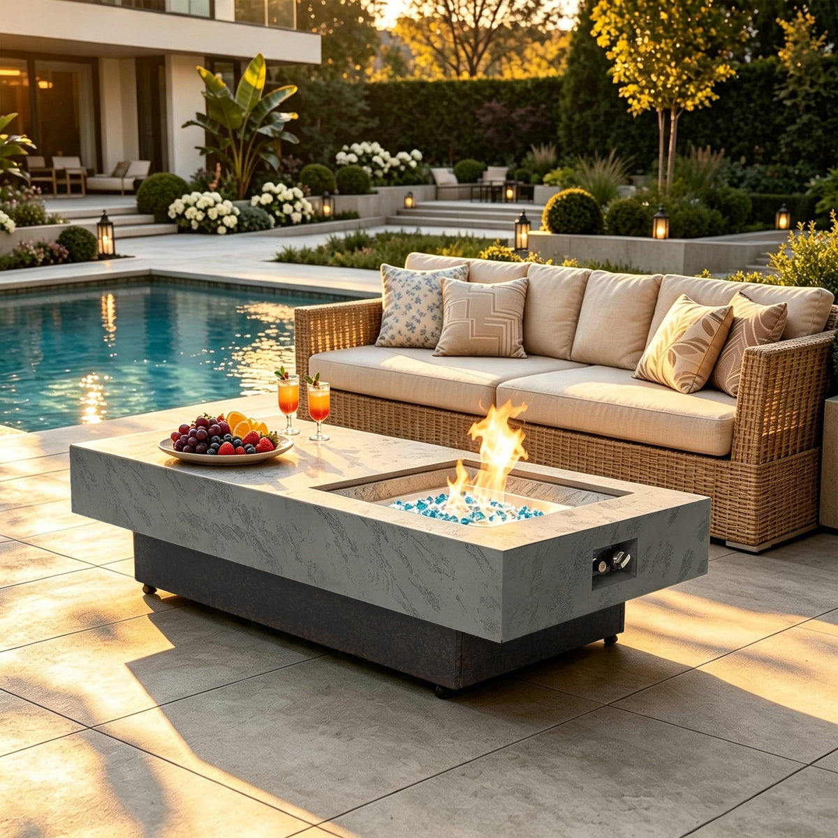 Rectangle Propane Fire Pit Table, Modern 2‑in‑1 Outdoor Firepit Table with 3‑Level Adjustable Height for Patio Backyard Gathering