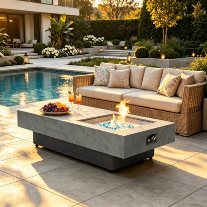 Rectangle Propane Fire Pit Table, Modern 2‑in‑1 Outdoor Firepit Table with 3‑Level Adjustable Height for Patio Backyard Gathering