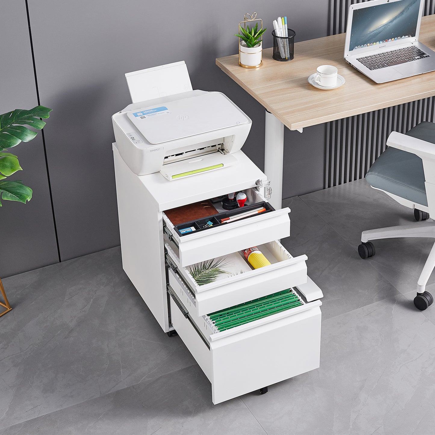 [Installation required] 3-drawer mobile filing cabinet with lock, office storage filing cabinet of legal/letter size, metal filing cabinet to be Installation required (White)
