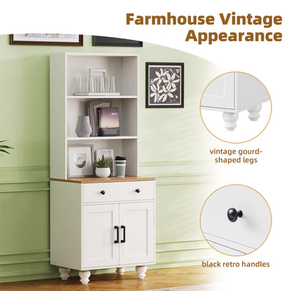ON-TREND Farmhouse Storage Cabinet with 4 Solid Wood Gourd-Shaped Legs, Modern Kitchen Pantry Cabinet with Adjustable Shelves – White