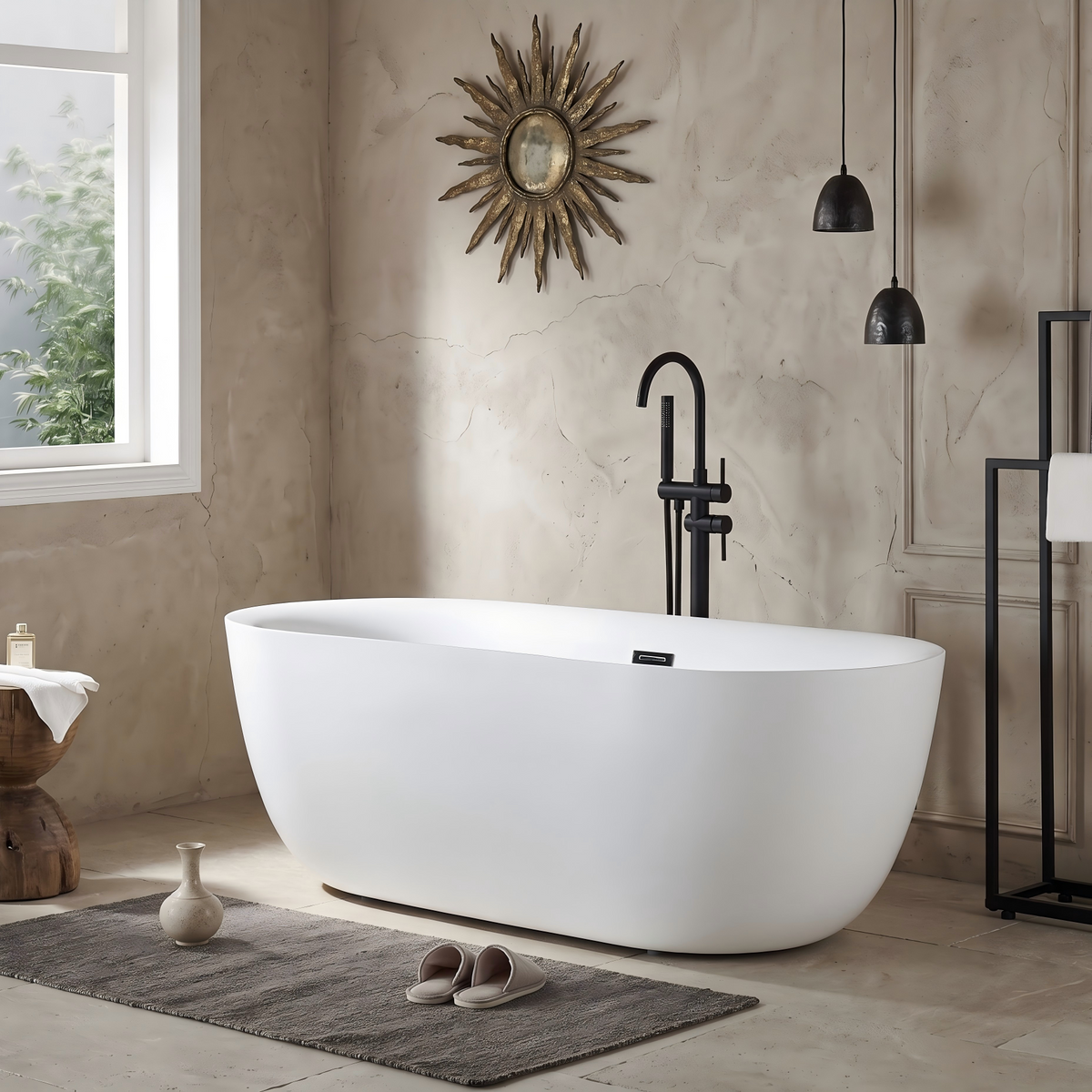 Matte Black Freestanding Tub Faucet, Floor Mounted Bathroom Faucet, Brass Single Handle with Hand Shower, High Flow 6 GPM