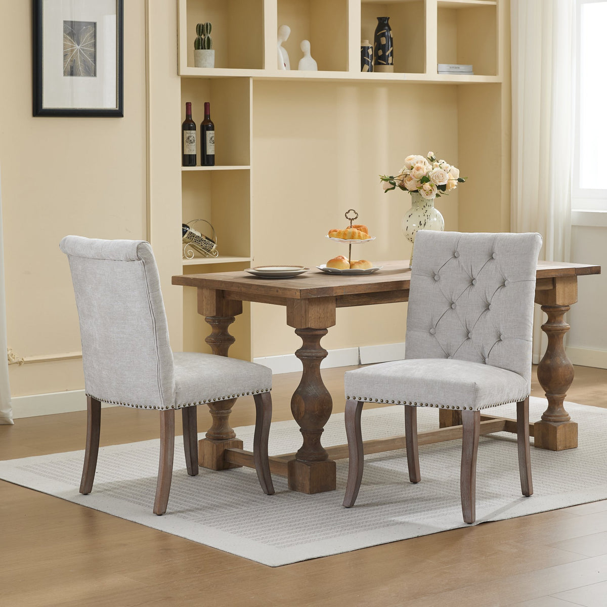 Upholstered Chenille Fabric Accent Dining Chair, Curved Solid Wood Legs, Elegant Tufted Club Dining Room Kitchen Room Dining Chair – Beige
