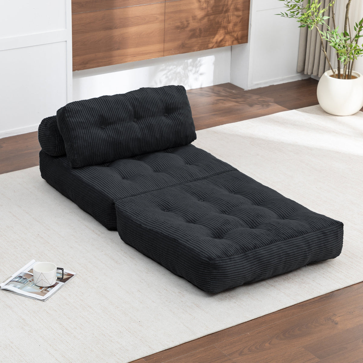 Folding Sofa Bed, Convertible Sleeper Chair with Pillow Foldable Mattress with Back Support, Portable Fold Out Chair Bed Comfy Floor Sofa Lounge for Living Room Bedroom, Black , Single