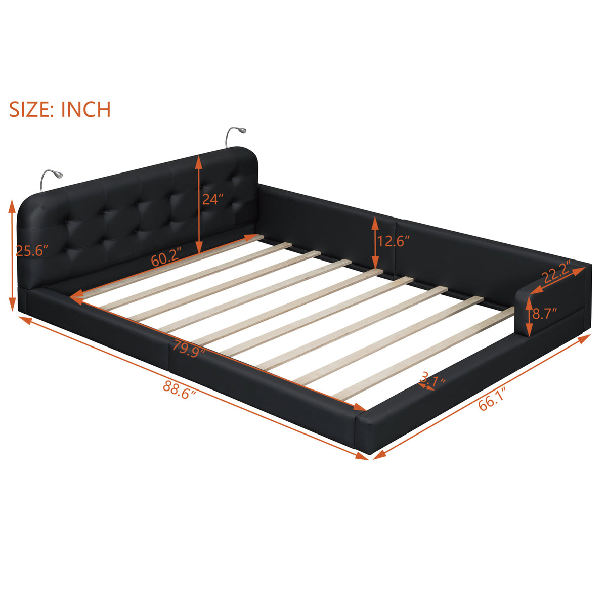 Queen Size Upholstered Platform Bed with 2 Reading Lights, Black