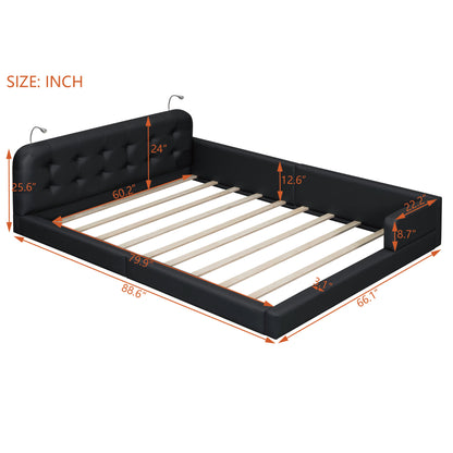 Queen Size Upholstered Platform Bed with 2 Reading Lights, Black