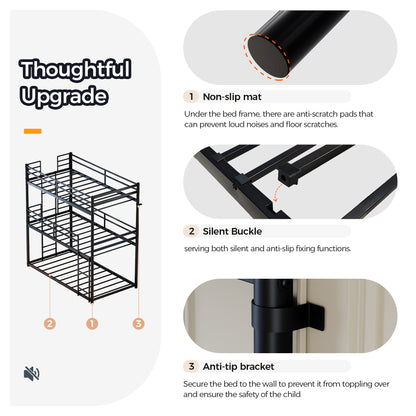 Metal Triple Bunk Bed Twin over Twin over Twin, Convertible 3-in-1 Detachable Bed Frame with Anti-Tip Bracket, Guardrails, Slats Support, Noise Free, No Box Spring, Black