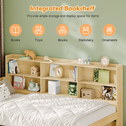 Twin Size Solid Wood Single Bed with Large Multi-compartment Storage Headboard Bookshelf, Simple Solid Wood Bed Frame, Multi-functional Storage Bed for Bedroom,Natural
