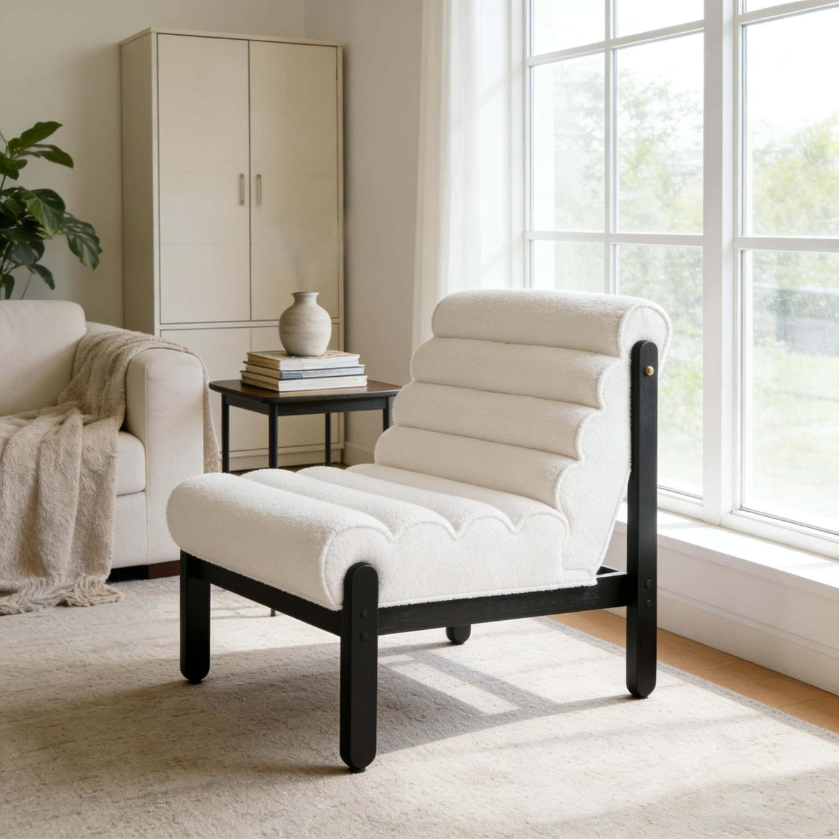 Fluffy Accent Chair White with Black Solid Wood Frame