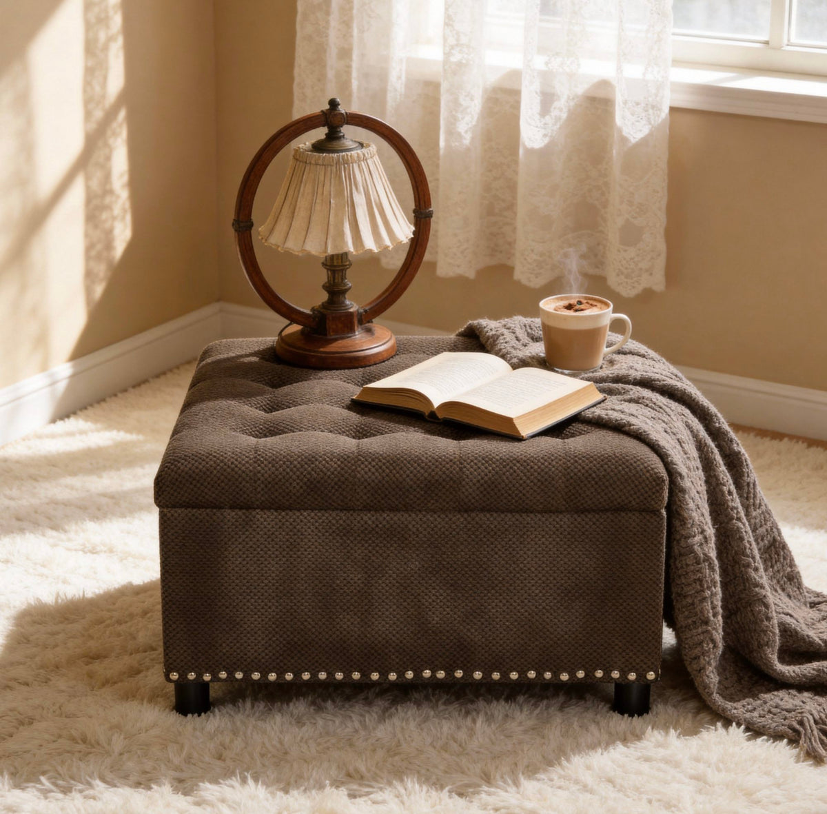 Storage Ottoman, Tufted Footstool, Nailhead Trim Ottoman, Square Storage Ottoman, Upholstered Coffee Table, Bedroom Storage, Living Room Accent, Dark brown Ottoman, Small Space Furniture, Home Decor.