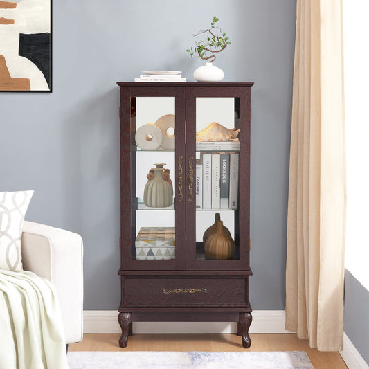 Curio Cabinet Lighted Glass Cabinet Glass Wine Cabinet Curio Display Cabinet with Adjustable Glass Shelves 2 Doors and 1 drawer Cabinet – Model W2275P199813