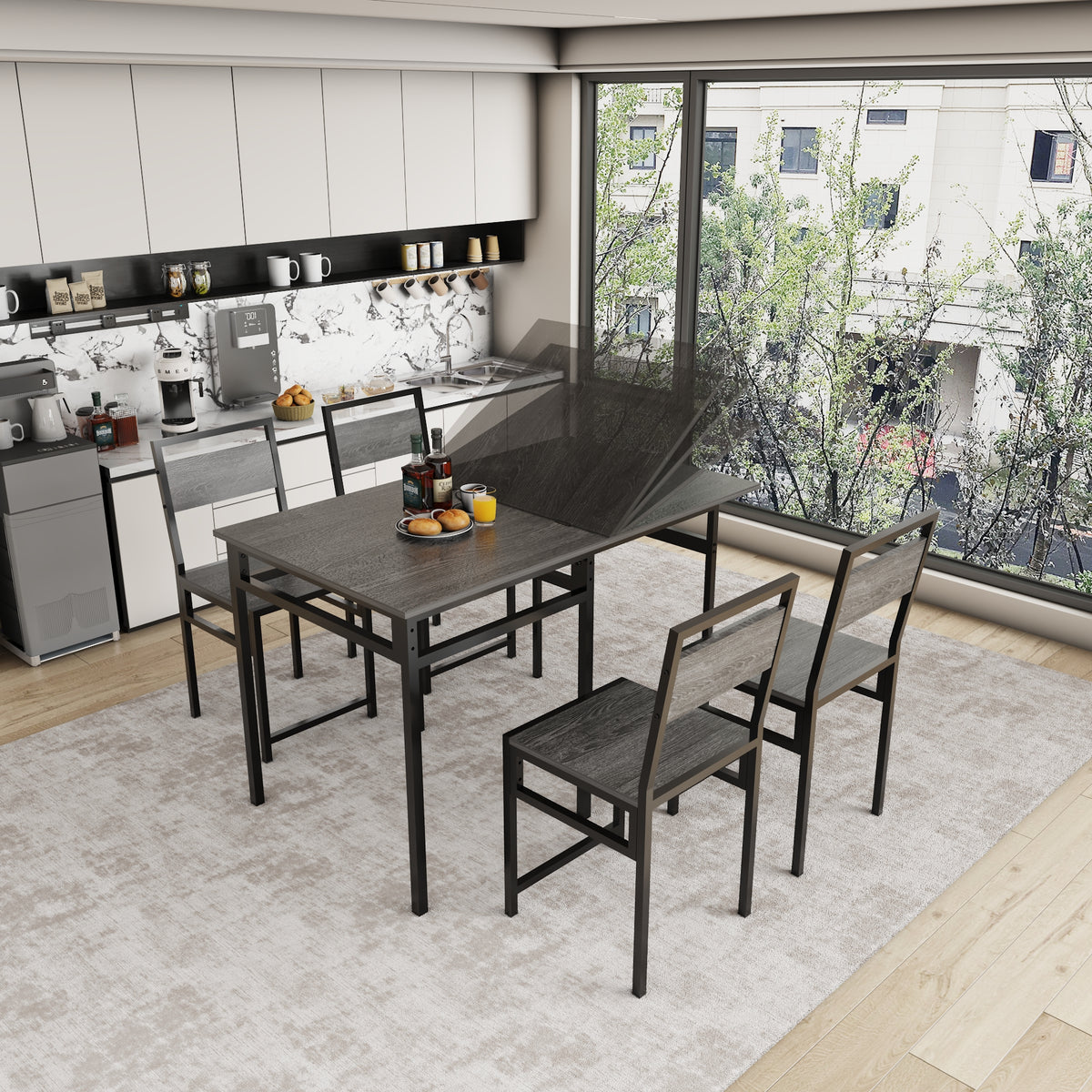 Extendable Dining Table Set with 4 Chairs, Industrial Rectangular Expandable Kitchen Table, Wood Grain Metal Frame Space Saving Dinner Furniture for Small Family Apartment