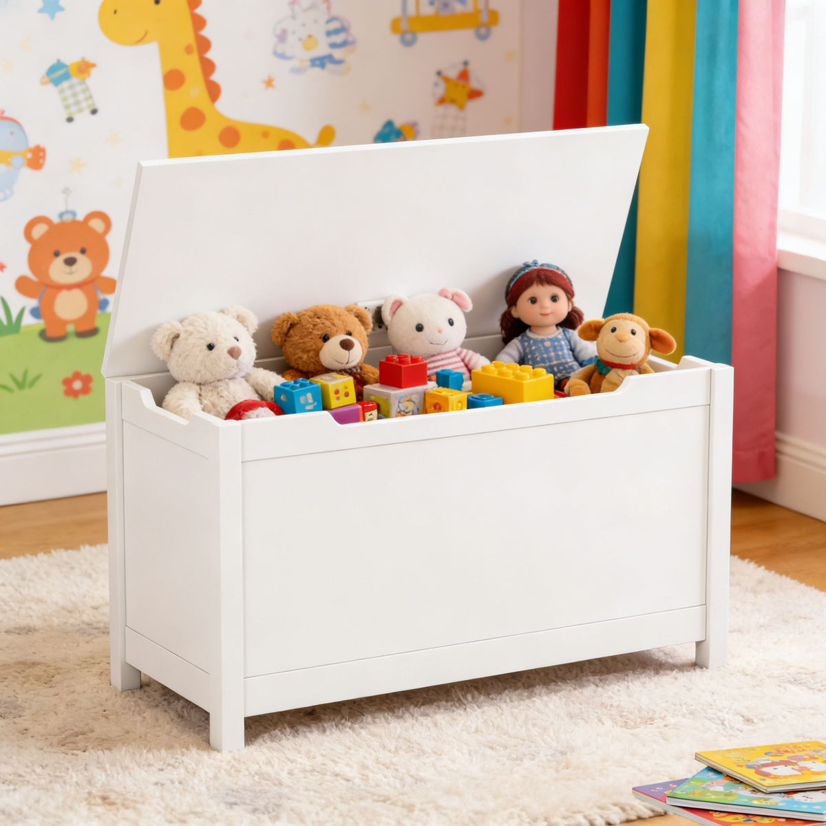 Kids Wooden Toy Box Storage with Safety Hinged Lid for Ages 2+ - White