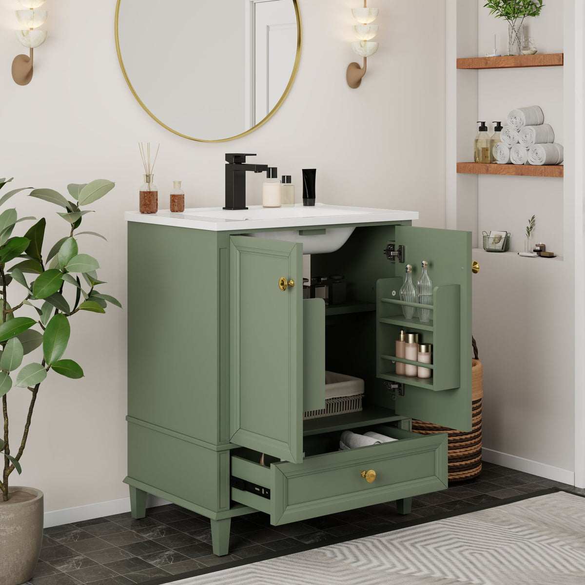 27.8" Modern Bathroom Vanity Set with Reinforced Legs & Painted Surface, Mid-Century Freestanding Bathroom Vanity Sink with Storage, High-end Restroom Vanity Cabinet with Drawer& Hidden Storage Shelvs