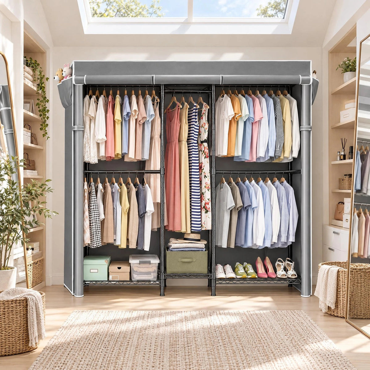 Heavy Duty Closet Organizer System, Freestanding Clothing Rack with Shelves, Adjustable Garment Rack with Grey Cover & Side Pocket, Portable Closets for Hanging Clothes, 72.8''×17.7''D×76.77''H, Black