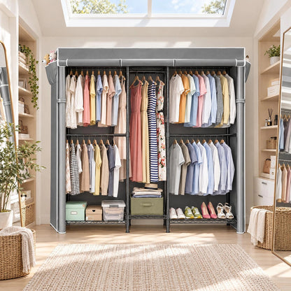 Heavy Duty Closet Organizer System, Freestanding Clothing Rack with Shelves, Adjustable Garment Rack with Grey Cover & Side Pocket, Portable Closets for Hanging Clothes, 72.8''×17.7''D×76.77''H, Black
