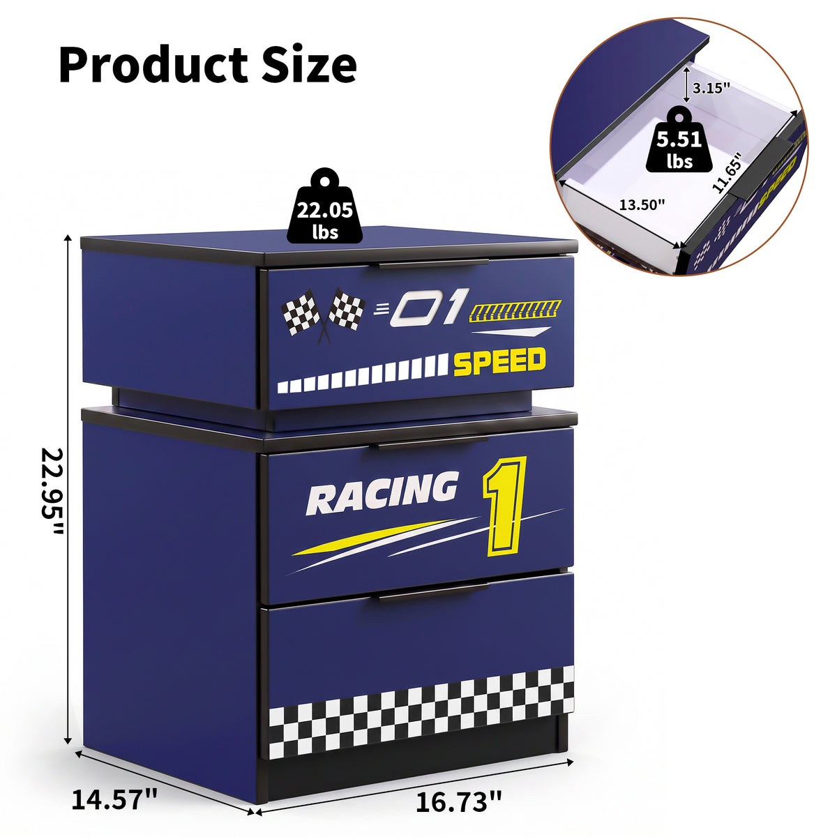 Kids Racing Car 3-Drawer Nightstand with Smart RGB LED Light, App/Remote/Music Sync Bedside Storage Cabinet, Fully KD