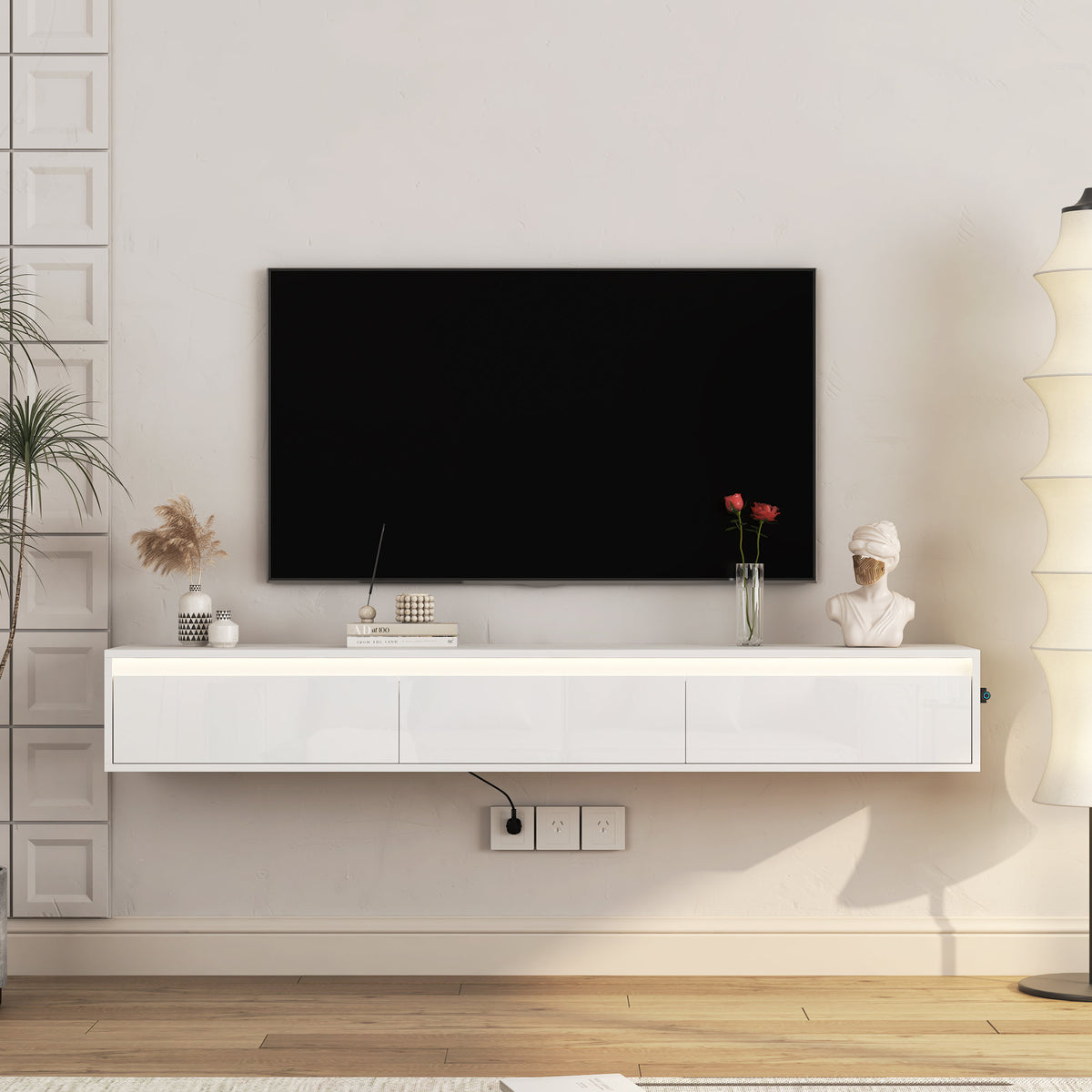 Floating TV Stand, Wall Mounted TV Shelf with Led Lights & Power Outlet, Cabinet for High Gloss tv Stands for Living Room