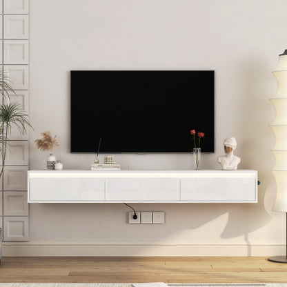 Floating TV Stand, Wall Mounted TV Shelf with Led Lights & Power Outlet, Cabinet for High Gloss tv Stands for Living Room