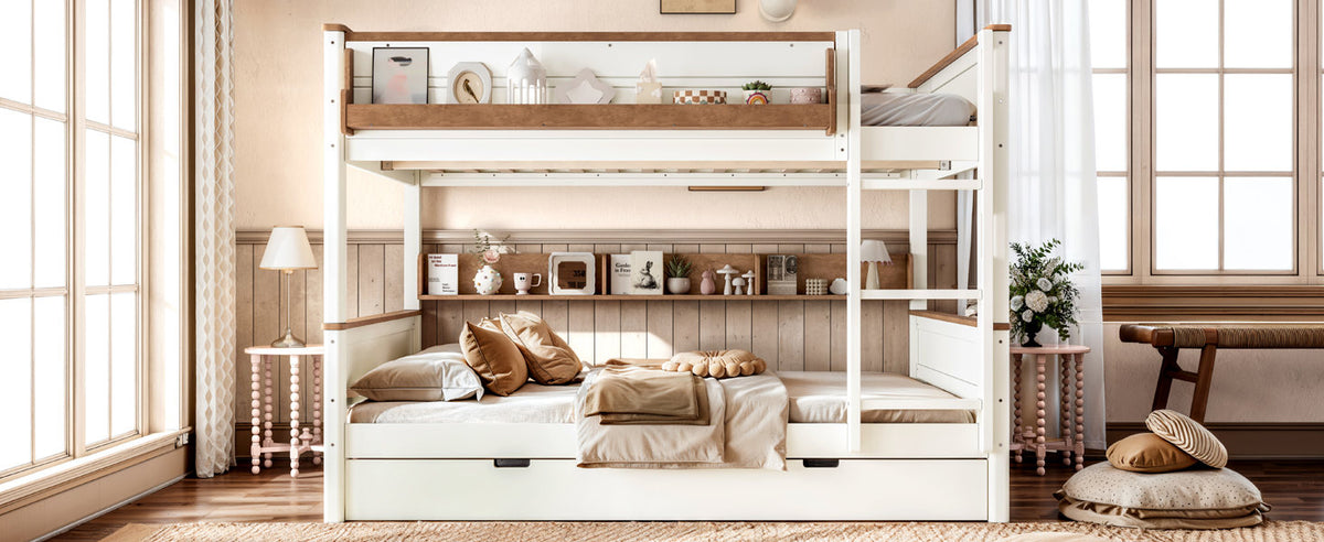 Queen over Queen Wood Bunk Bed with Pull-out Trundle Bed, Side Storage Shelf, Detachable Bunk Bed Frame, Convertible Into 2 Separate Beds for Kids Teens Adults, Beige&Natural