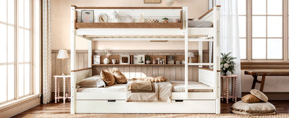 Queen over Queen Wood Bunk Bed with Pull-out Trundle Bed, Side Storage Shelf, Detachable Bunk Bed Frame, Convertible Into 2 Separate Beds for Kids Teens Adults, Beige&Natural