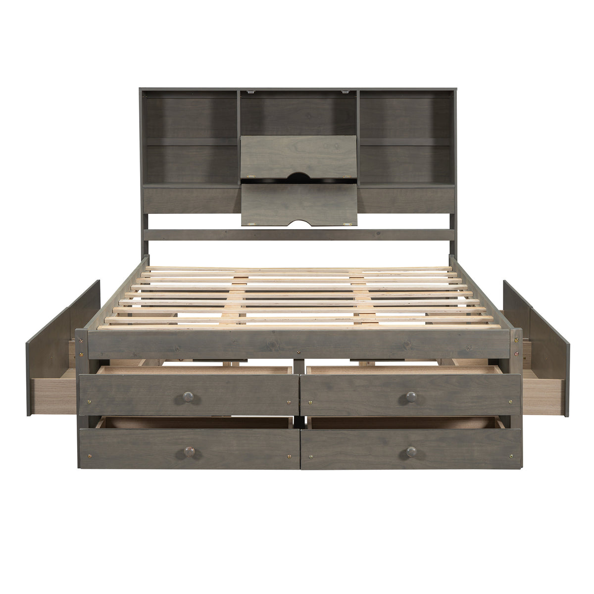 Queen Size Platform Bed with Storage Headboard and 8 Drawers, Gray