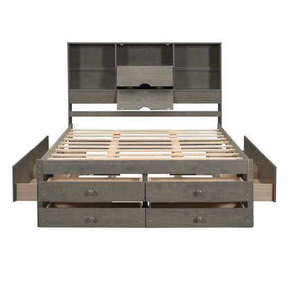 Queen Size Platform Bed with Storage Headboard and 8 Drawers, Gray