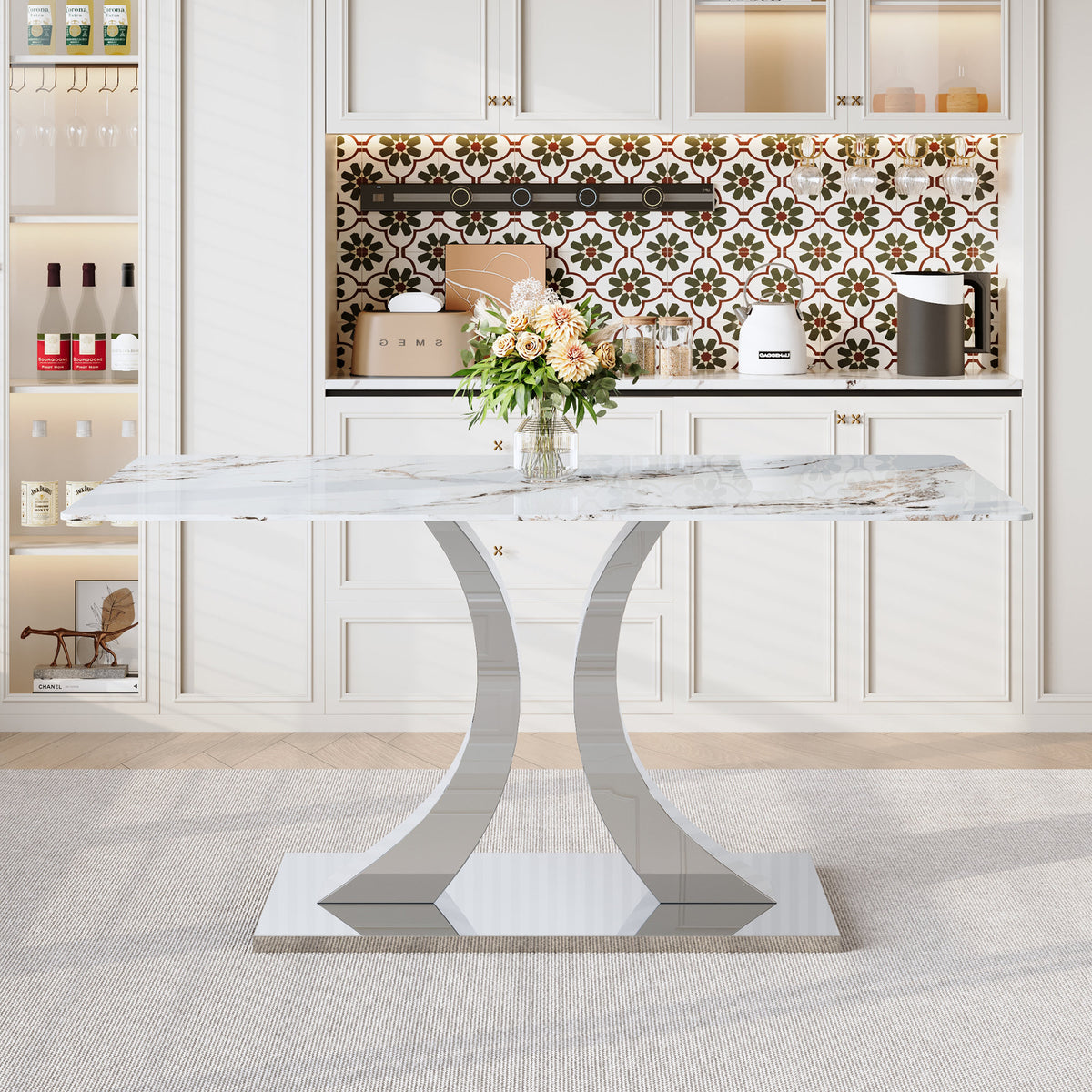 Transformable Heavy-Duty Stainless Steel Base in Silver 63" x 35" Dining Table  Luxury Pandora White Pattern Tempered Glass Rock Top for Kitchen Dining Room